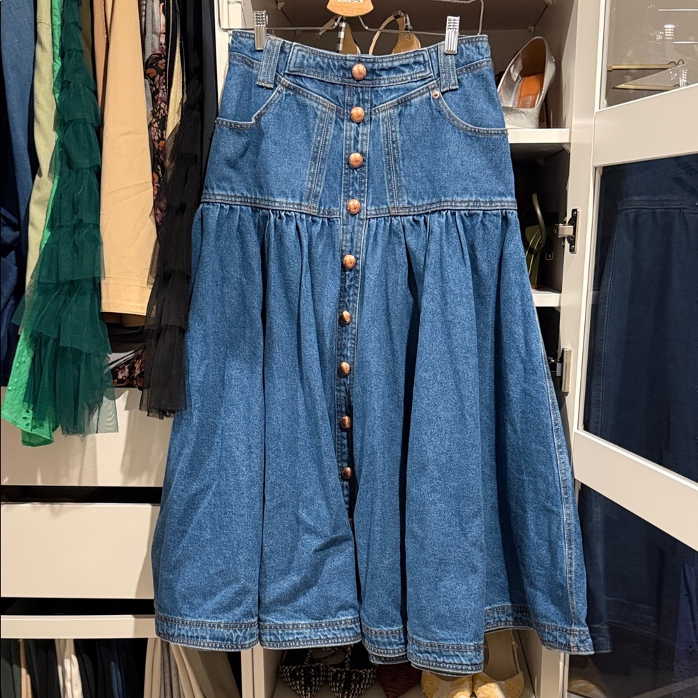 FARM Rio Blue Denim Button-Front Midi Skirt